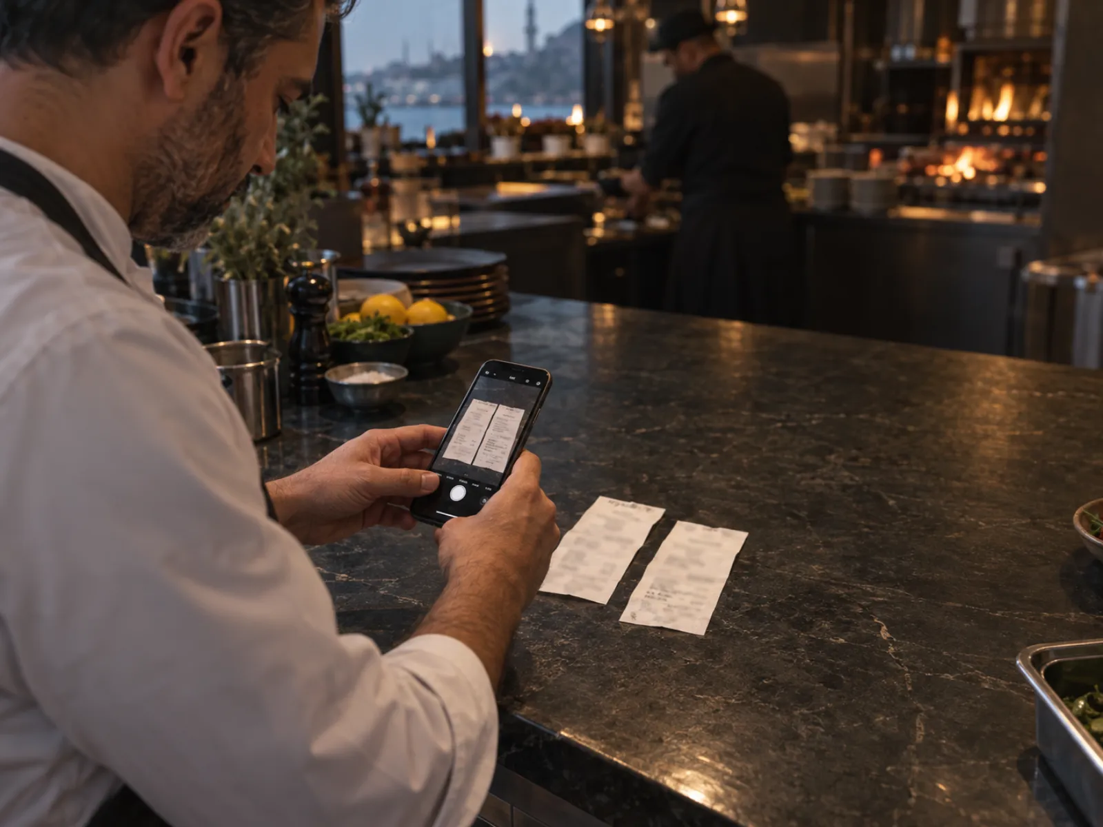 Restoran yöneticisi tedarikçi fişlerini telefonuyla fotoğraflıyor
